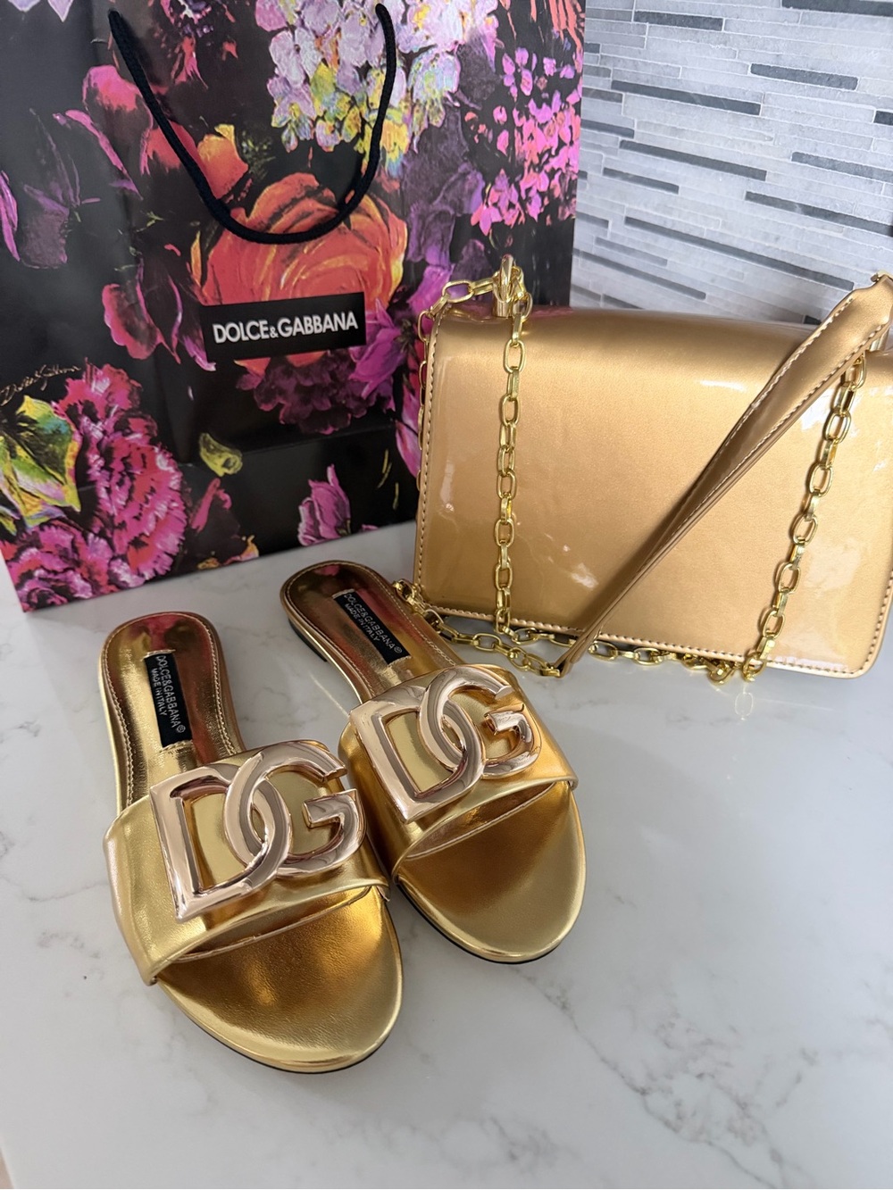 Metallic Gold Patent DG-Emblem Shoulder Bag with Matching Slides size 6 - Picture 9 of 16